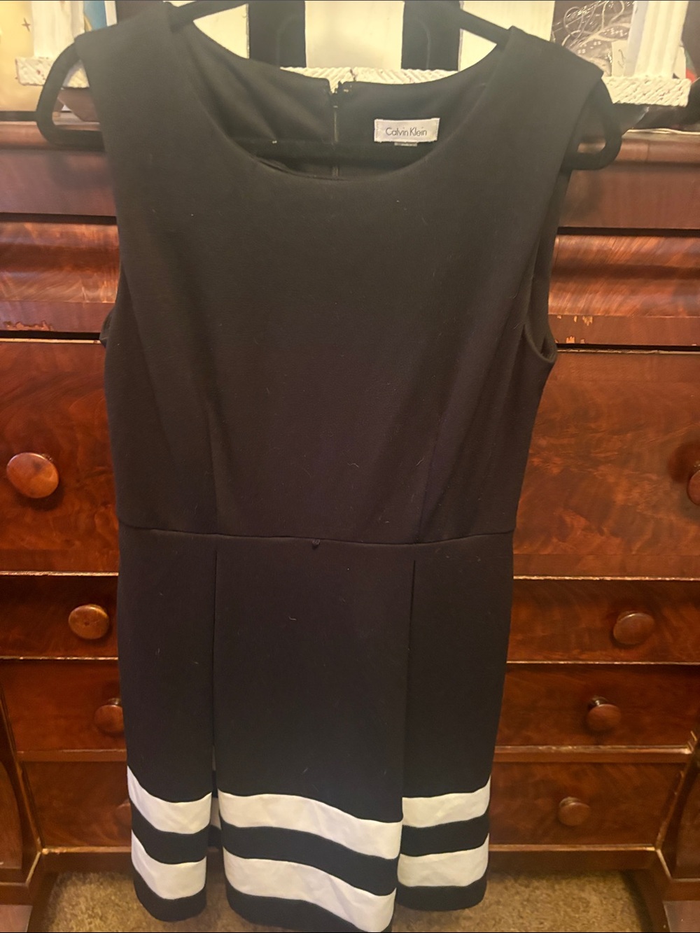 Calvin Klein Black Midi Dress with White Hem Stripes